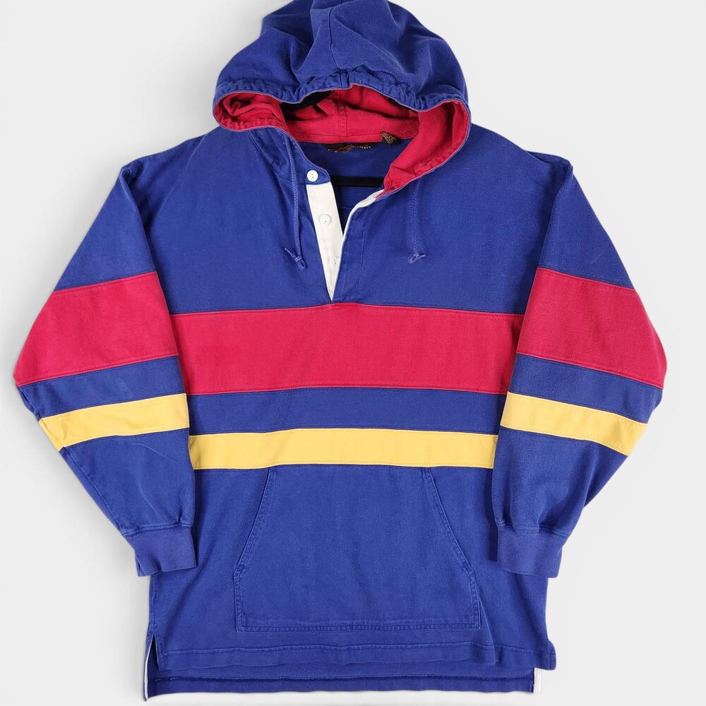 Eddie Bauer Rugby Hoodie Mens Large Blue Multicolor Stripe Kangaroo Pocket